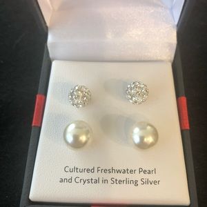 Pair sterling silver earrings-pearl & crystal